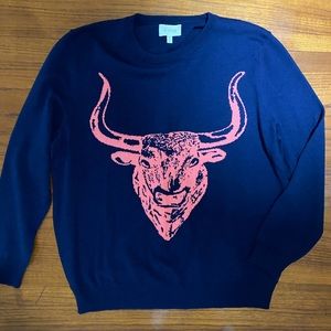 Koch Blue Sweater with Pink Bull & open back. Made in USA. Size L. Like new!